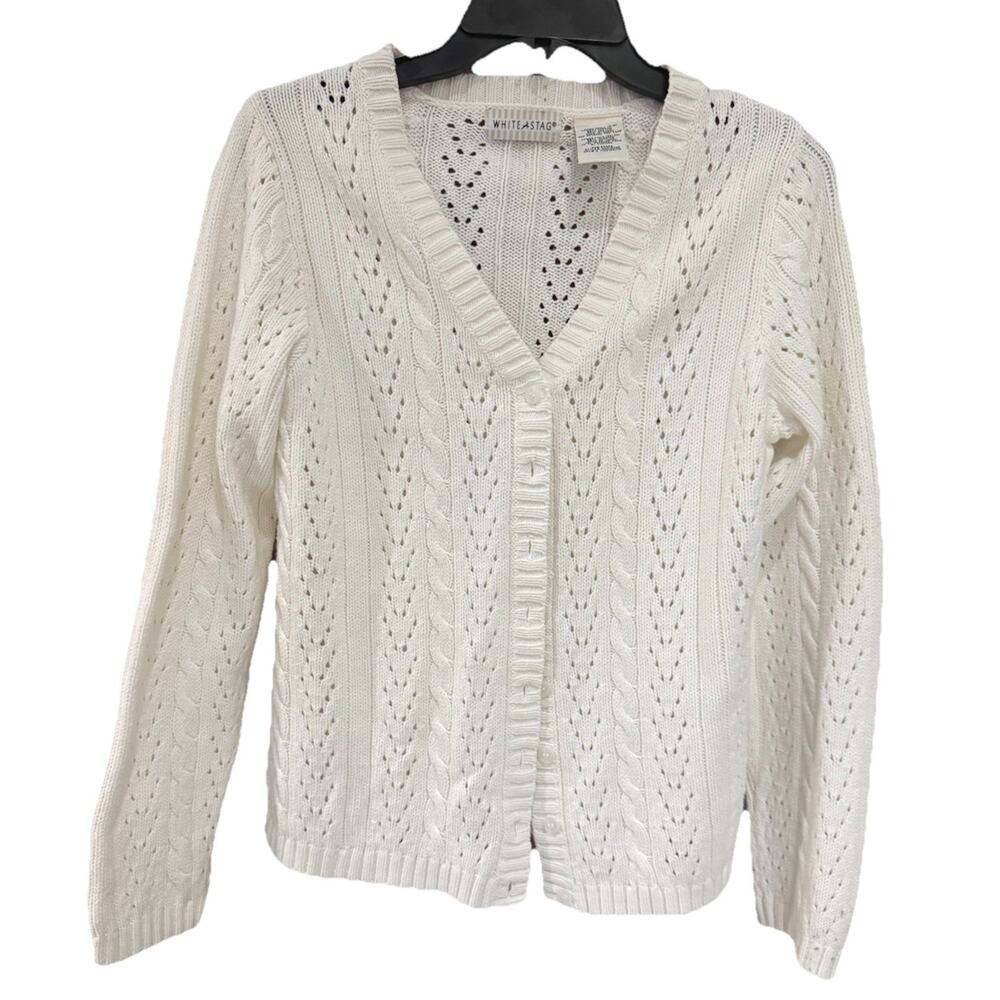 Vintage White Stag Knit V-Neck Button Cardigan Sweater Womens Small 4/6 Japan